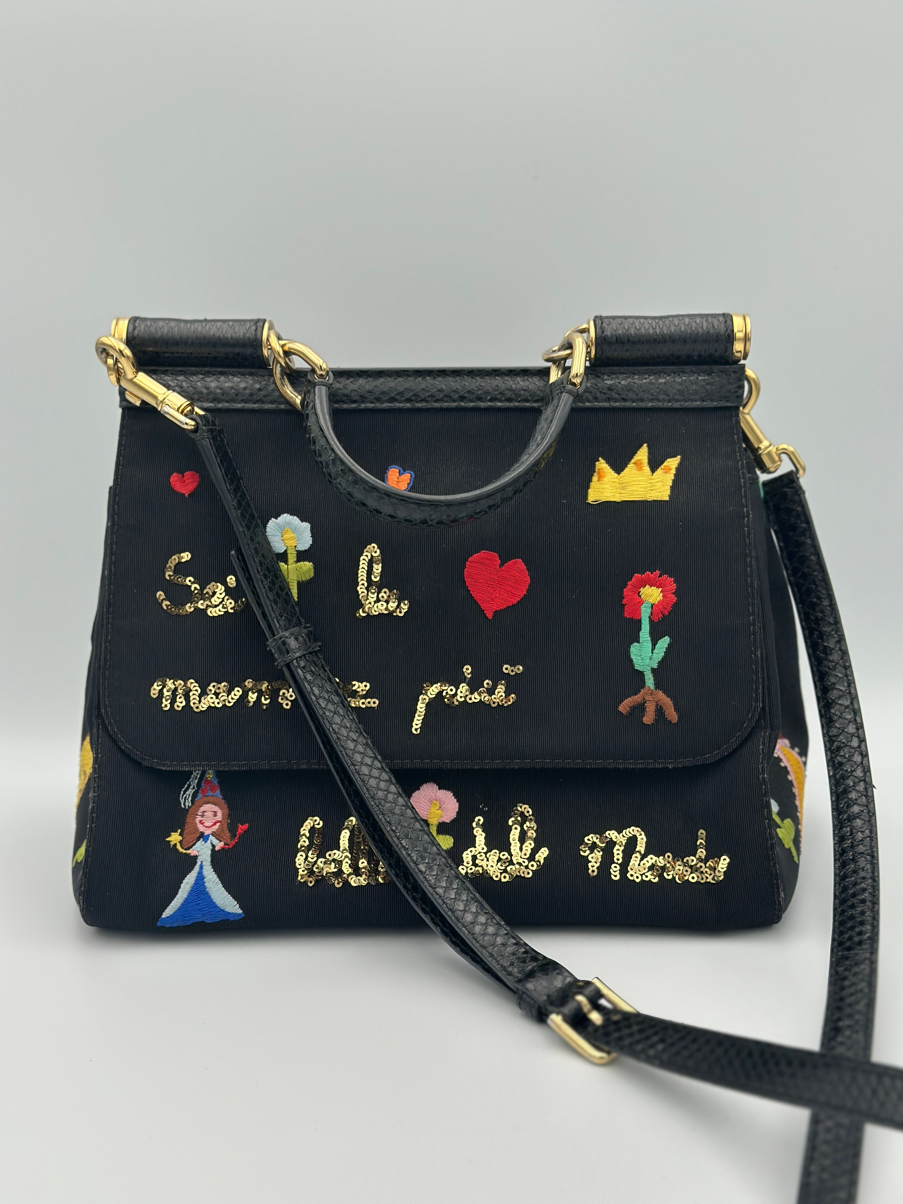Dolce & Gabbana Sicily Black Embroidered Top Handle Bag with Gold Hardware