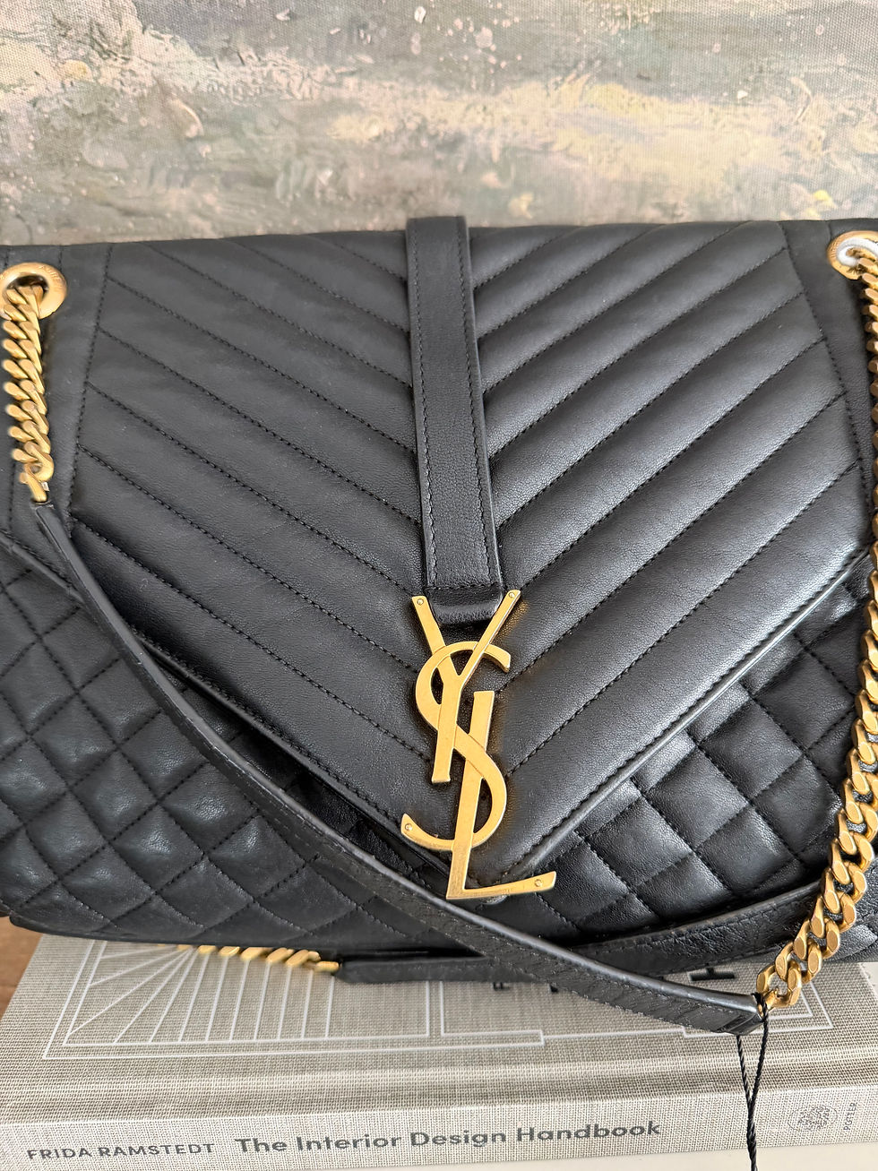 Thumbnail: ✨ Saint Laurent Large Monogram Envelope Chain Bag – Black Quilted Leather