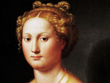 Renaissance portrait of a woman presumed to be Vannozza de Cattanei in a green and gold dress, seated against a dark background with red drapery. Calm expression.