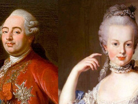 Side by side portraits of Louis XVI and Marie Antoinette of in ornate attire; Louis man in red with a blue sash and Marie Antoinette in an elaborate blue dress, captured in a classic portrait style.