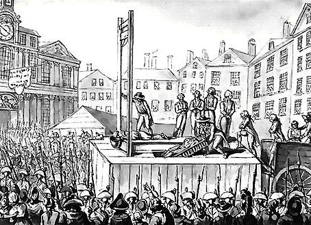 A historical scene depicts a guillotine execution in a crowded square with spectators. The background features old buildings and a clock tower.