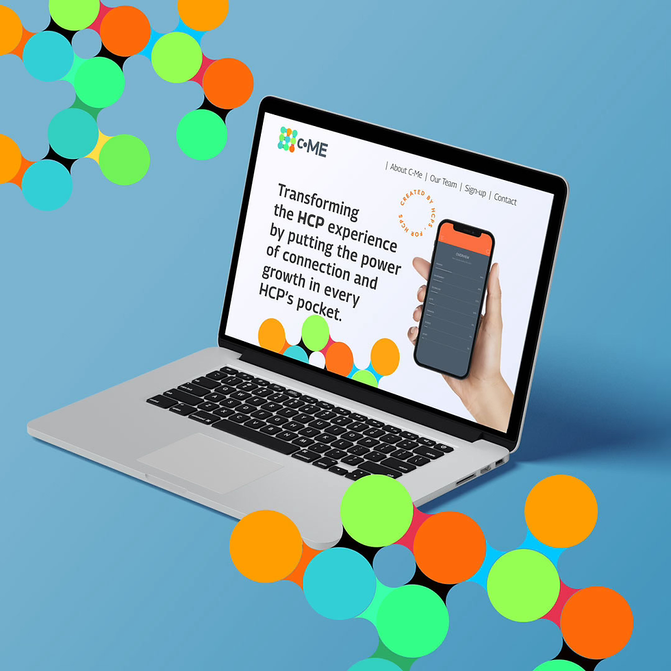 screenshots of the logo (colored bubbles connected togegether) the website on desktop and the app