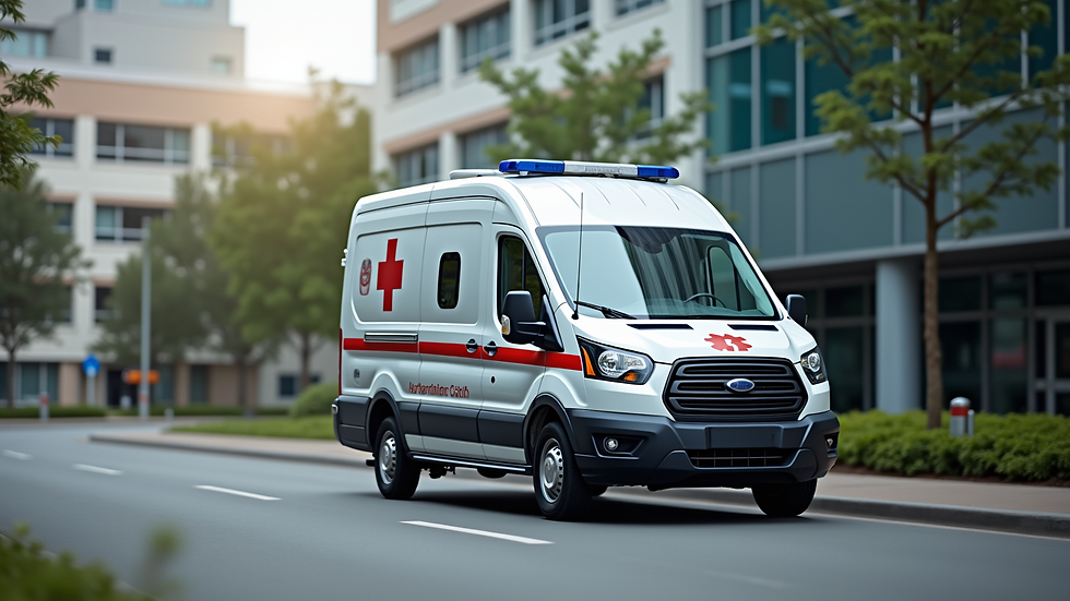 Eye-level view of a medical courier vehicle parked outside a healthcare facility