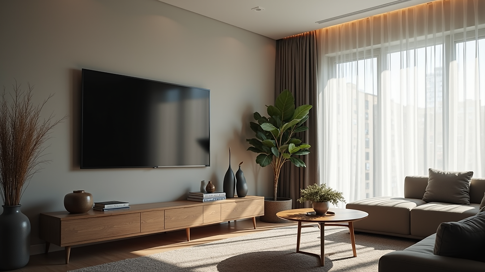 Eye-level view of a modern living room with a mounted TV
