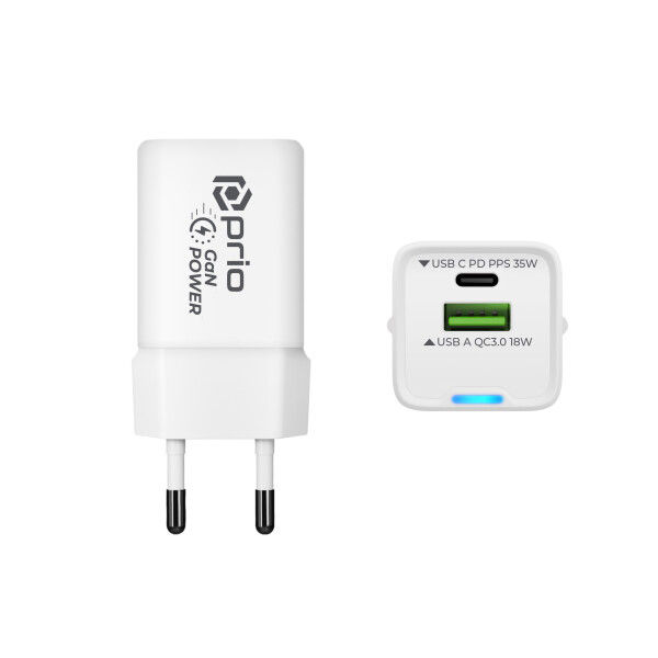 prio Wall Charger GaN Power 35W PD PPS USB C + QC 3.0 USB A white (PWC-1303)