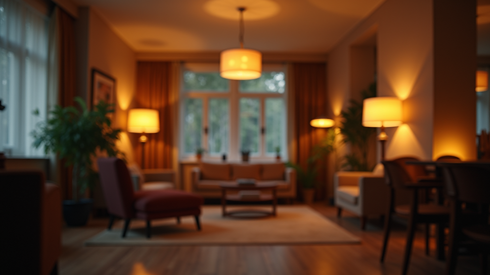 Eye-level view of an inviting room illuminated by decorative lighting