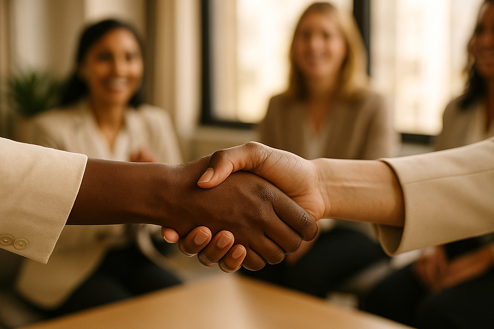A realistic digital photograph shows a close-up of a handshake between a Black woman and a woman of another ethnicity in a bright, professional office. Both wear light-colored blazers, and their hands are warmly lit, framed by a background of blurred, smiling professionals seated nearby. The image conveys collaboration, inclusivity, and professionalism.