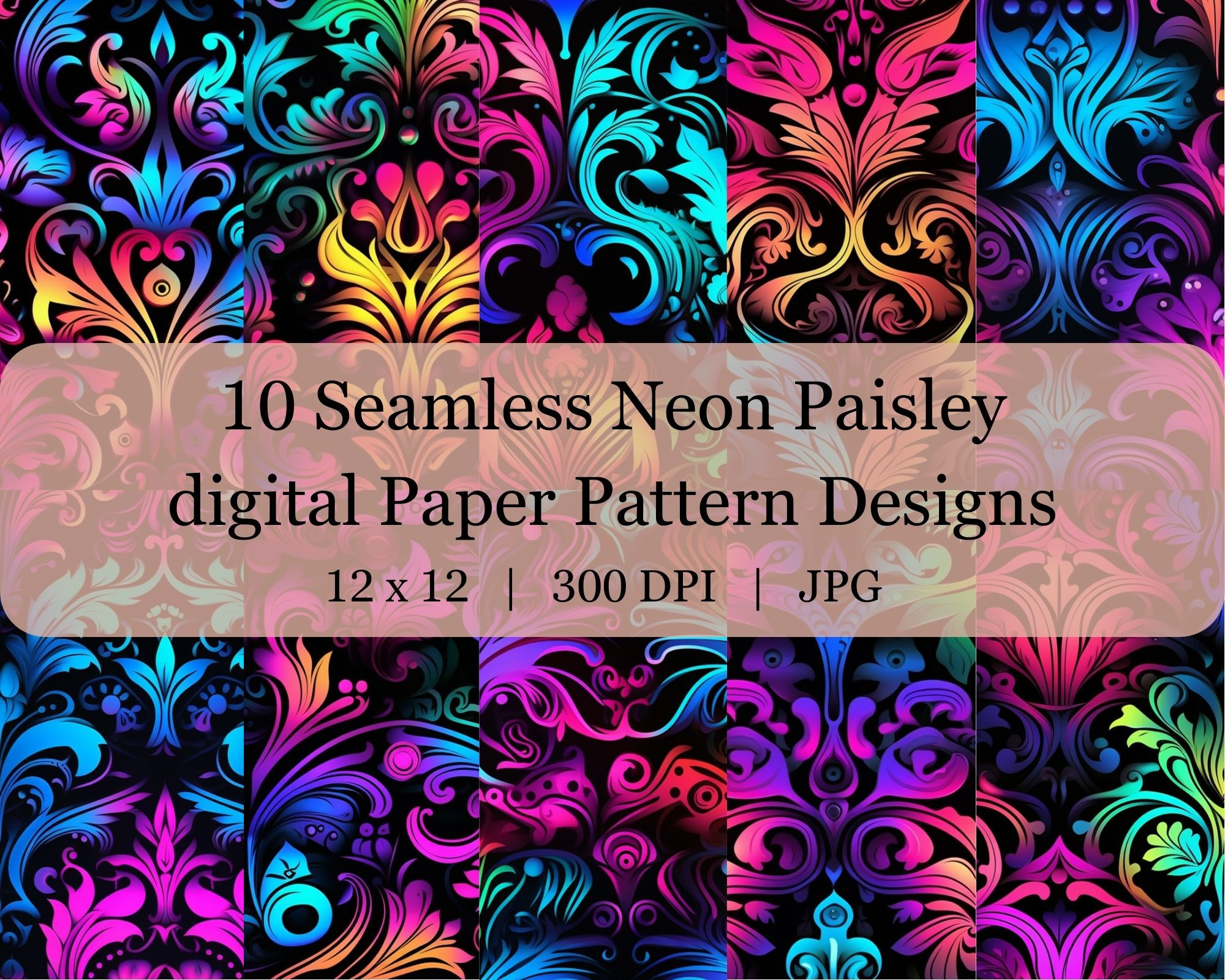 Seamless Neon Paisley Digital Transfer Paper, Adjustable Repeating Print Pattern, Graphic Design, High Res Art Texture Temp
