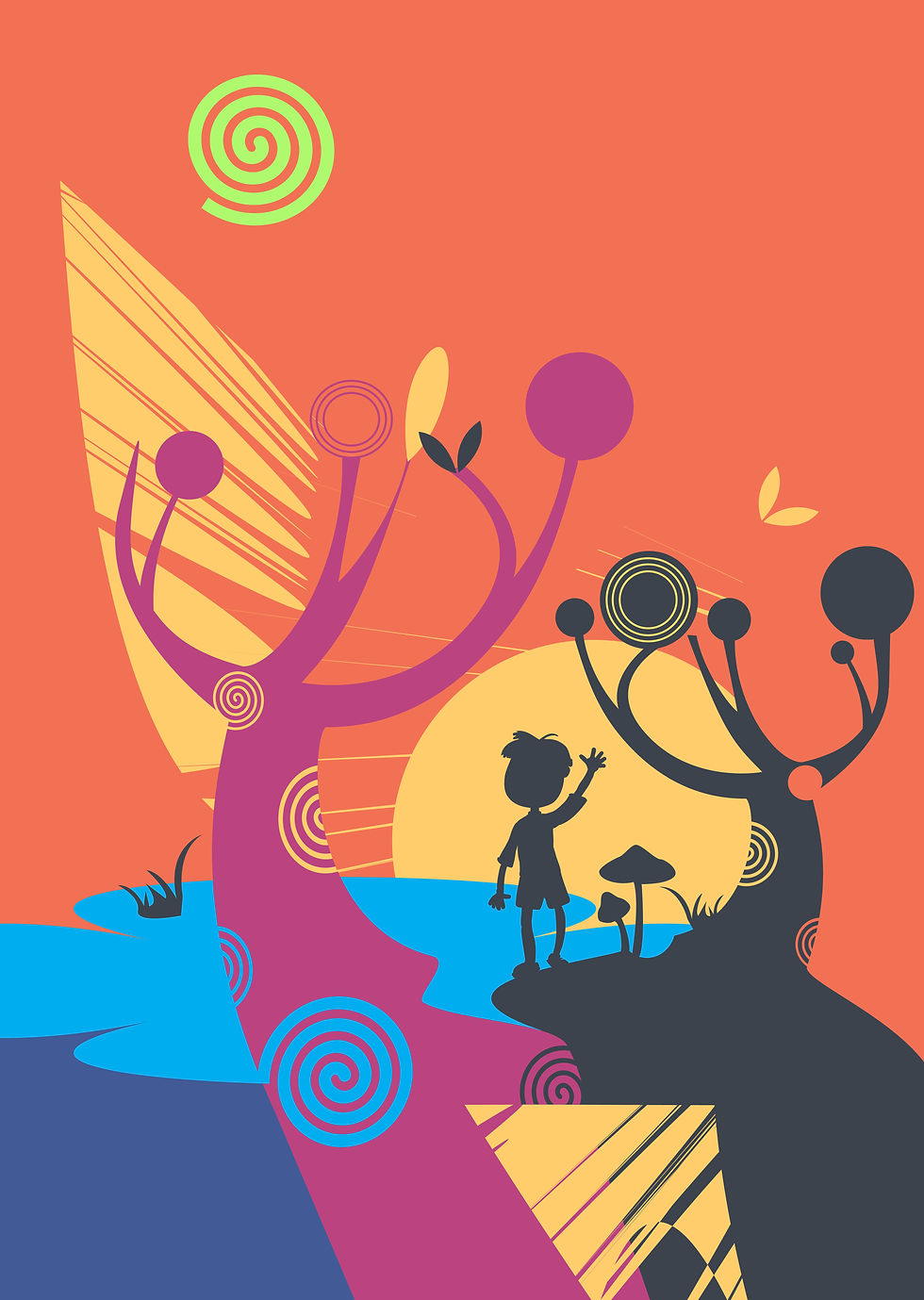 Thumbnail: Child’s silhouette with abstract trees, spirals, and a golden sun in a surreal landscape.