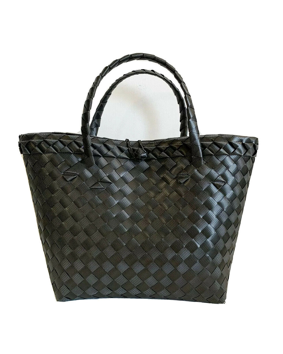 Thumbnail: Small Plastic Woven Tote Bag - Black