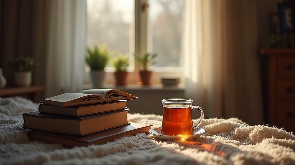 Eye-level view of a cozy reading nook with a stack of books and a warm cup of tea