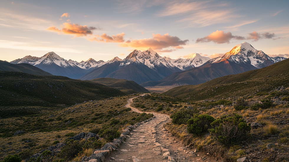 Vista panorámica de sendero de trekking en los Andes con montañas nevadas