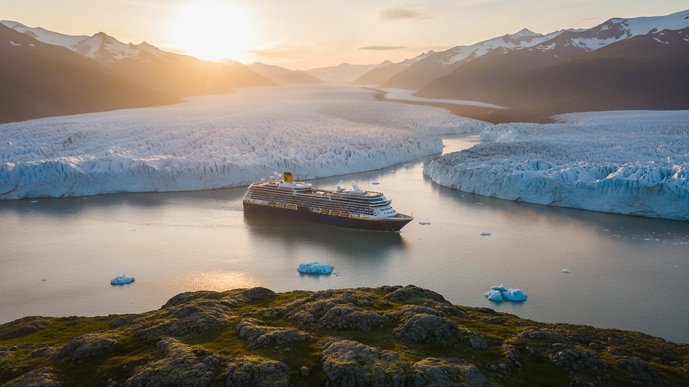 Vista aérea de un crucero navegando entre glaciares