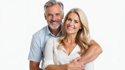 Happy man and woman smiling, feeling confident and satisfied after undergoing Hormone Replacement Therapy (HRT).