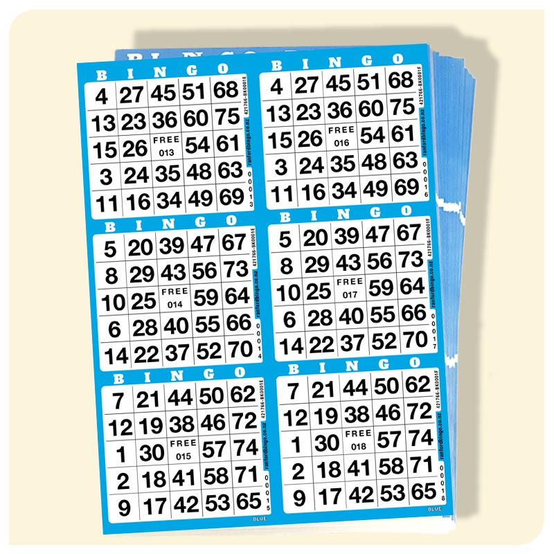 Thumbnail: 6ON Bingo 6ON Bingo B75 Cards magnified bundle blue double-numbered75 Cards magnified bundle front blue single-numbered