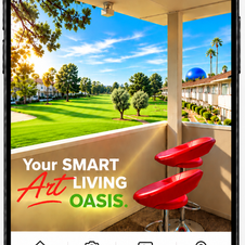 YU HOME mobile interface concept showcasing its SMART ART LIVING OASIS, golf and Sphere views, Airbnb booking link, photo gallery, and YouTube video.