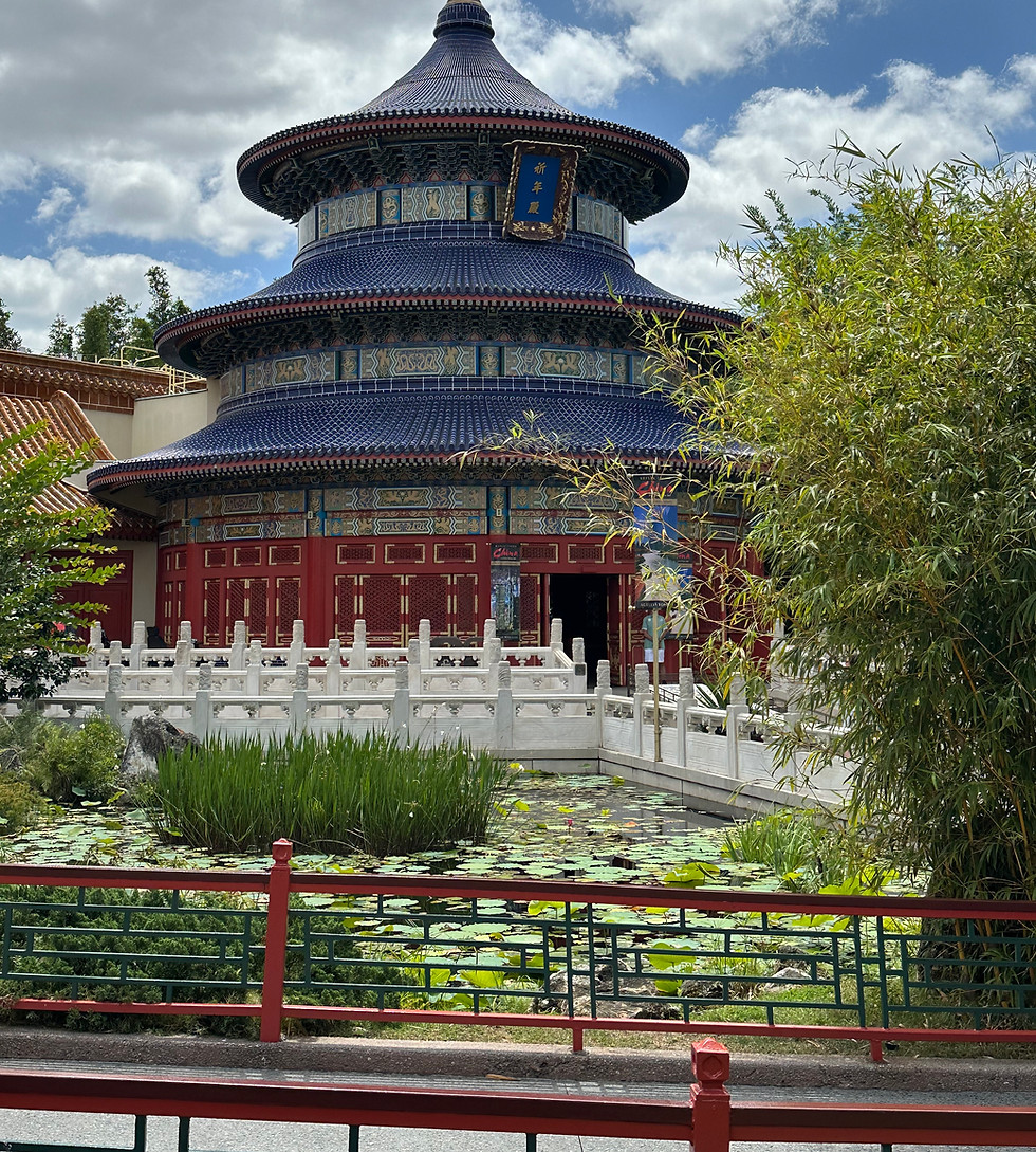 Reflections of China blue and red building with pond and white fence