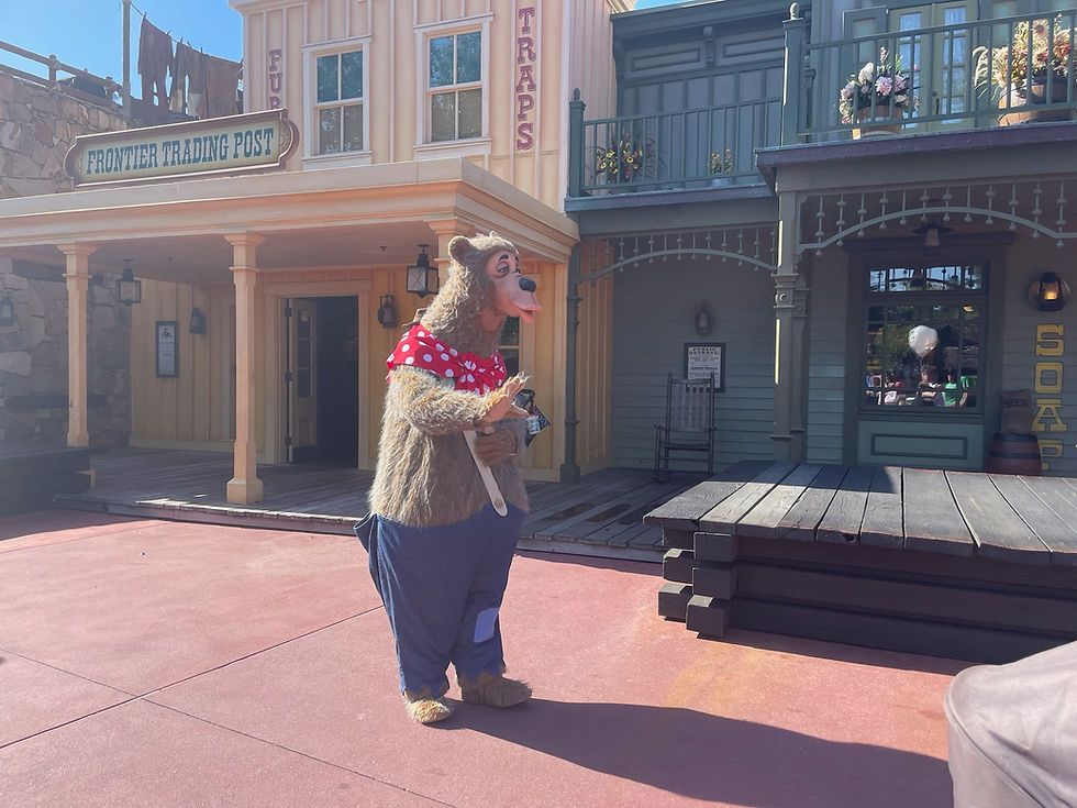 Country Bears meet and greet in Frontierland at Magic Kingdom, with Liver Lips greeting guests in front of rustic wooden backdrops and western props.