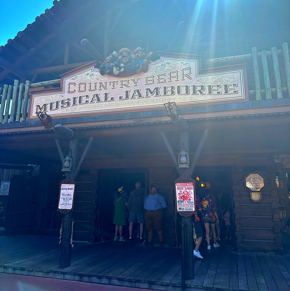 Country Bear Jamboree sign at Magic Kingdom, with rustic wood paneling, playful lettering, and cartoon bear illustrations welcoming guests to the classic musical revue.