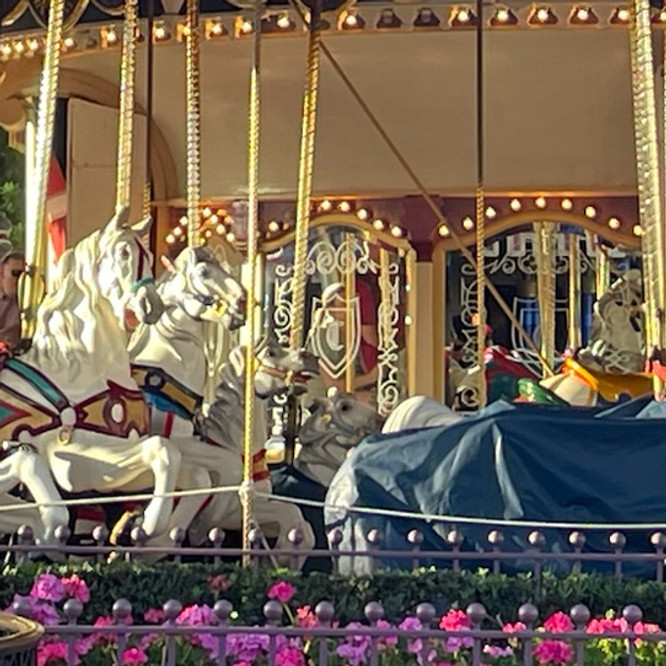 Prince Charming Regal Carrousel at Magic Kingdom, with ornate, hand-painted horses and a grand, royal-themed canopy featuring gold accents and storybook detailing.