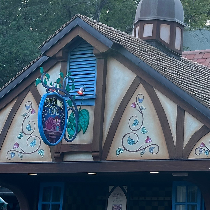 The whimsical Cheshire Café near the Mad Tea Party, with its curved roof, playful signage, and colorful decorations inspired by Alice in Wonderland
