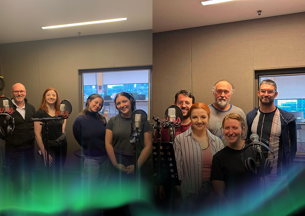 In the left image is Gregory Caine (Grizzler), Chloe Towan (Violet), Joanna Halliday (Astra) and Stefanie Fazzari (Lily) and the right image includes Luke Peverelle (Casper), Chloe Towan (Violet), Paul Robertson (Radcliffe), Mat Dwyer (The Medusoids) and Kate Weston (Genevieve Smith)