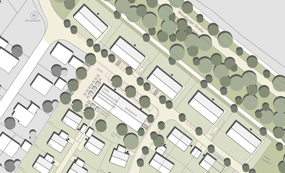 Detaillierter Plan des Wohngebiets mit Gebäuden und Grünflächen