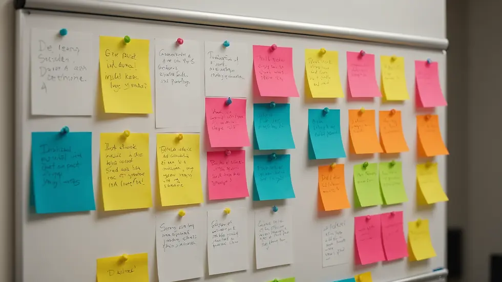 Eye-level view of a whiteboard with sticky notes