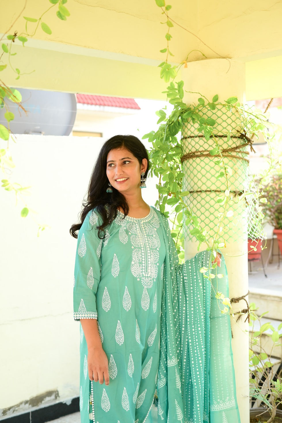 Sea green printed suit with embroidery on neck