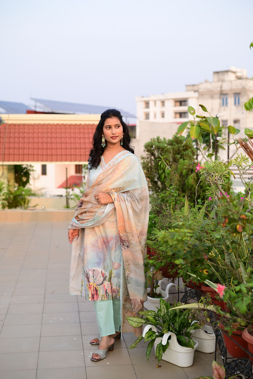 Thumbnail: Printed cotton suit with handwork on neck