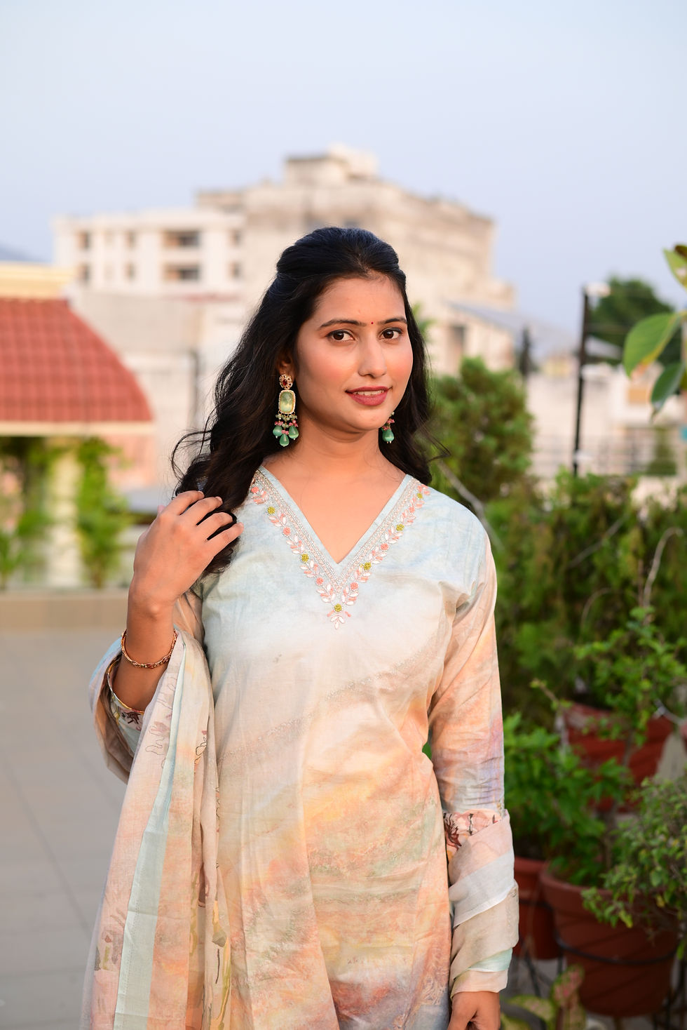 Thumbnail: Printed cotton suit with handwork on neck