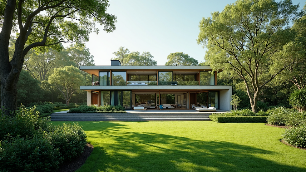 Wide angle view of lush greenery behind luxury villas