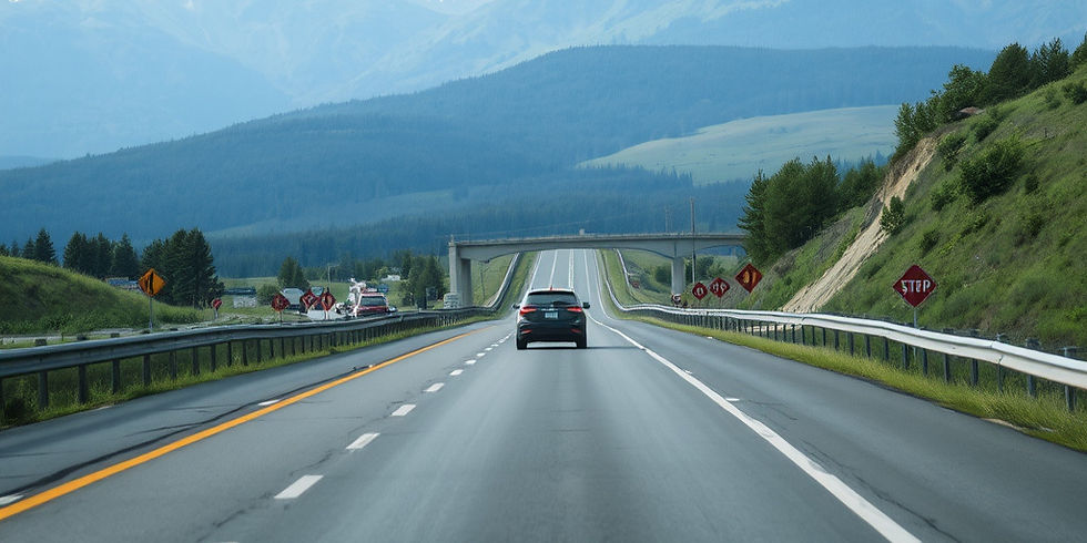 A landscape showing a car driving down a highway.jpg