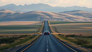 a beautiful landscape of an isolated road with a car driving on it.jpg