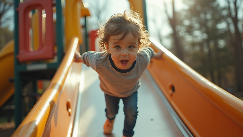 Eye-level view of a child standing bravely at the edge of a playground slide