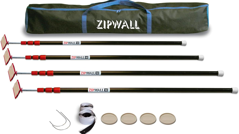 ZIPWALL ZP4 ZipPole 10 Foot Spring Barrier (Pack of 4) Loaded Poles for Dust Barriers, 4 Pack, Black