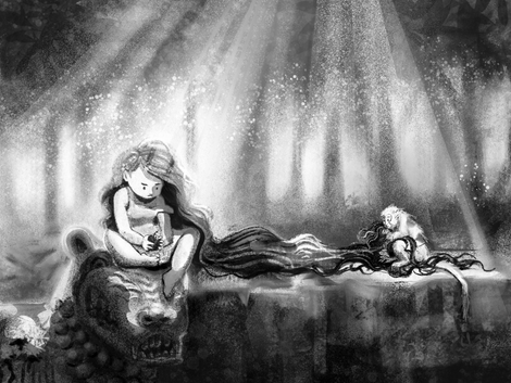 A black-and-white digital illustration of a girl sitting on a wall with a concentrated expression, holding an apple. To her right, a monkey plays with the ends of her long hair.