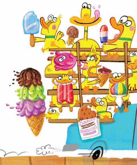 A colorful digital illustration of the back of a blue car with a scaffold on the back. Many ducks sit on the scaffold, eating various desserts.