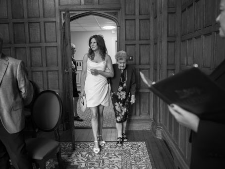Bride arriving at Oakwood House for an intimate wedding ceremony in Maidstone