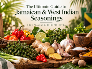 Jamaican and West Indian seasonings including Scotch bonnet peppers, fresh thyme, scallions, garlic, ginger, pimento and Caribbean spices.