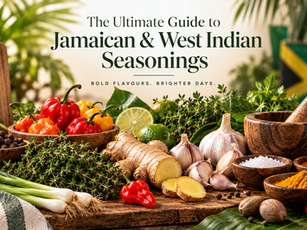 Jamaican and West Indian seasonings including Scotch bonnet peppers, fresh thyme, scallions, garlic, ginger, pimento and Caribbean spices.