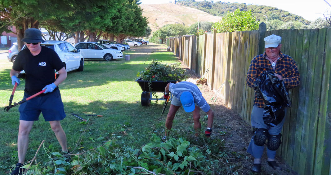 Three people clearing brush next to a wooden fence