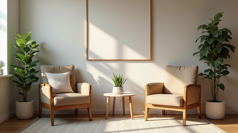 Eye-level view of a cozy family counseling room with comfortable seating