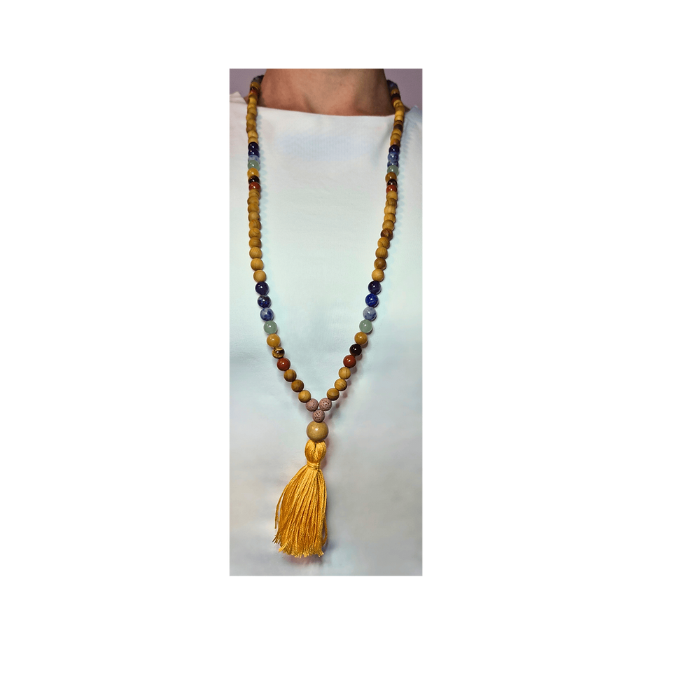gemstone mala with chakra highlights