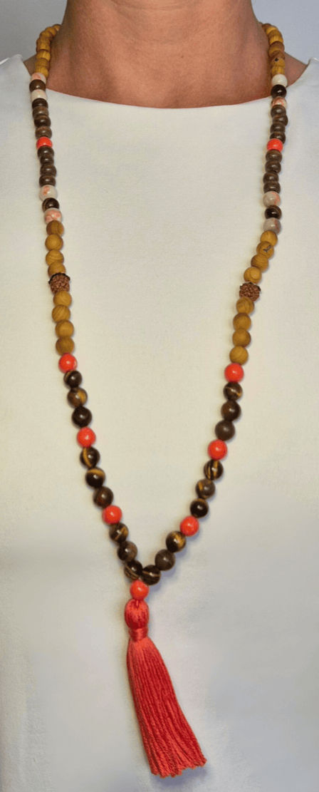 gemstone mala with coral highlights