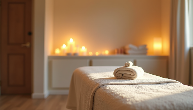 Eye-level view of a calm massage room with soft lighting and a massage table