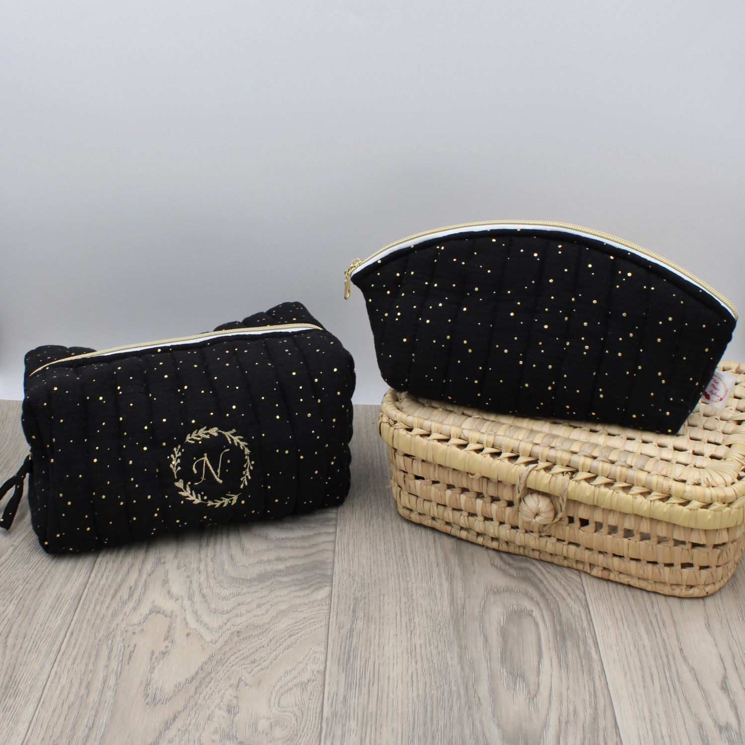 Trousse de toilette matelassée - Double gaze noire à pois dorés -