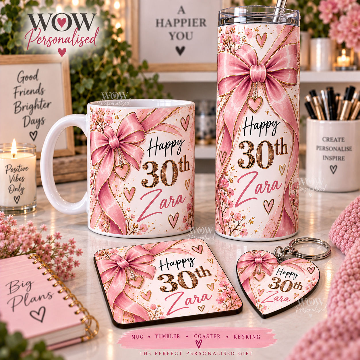 Personalised Birthday Gift Set – Custom Name & Age Mug, Tumbler, Coaster & Keyri