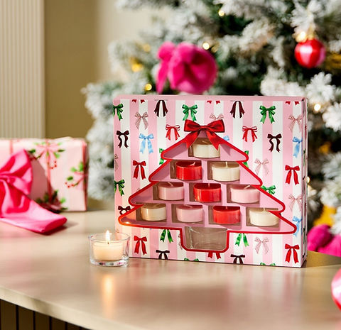 Bow Print Assorted Scented Tealights with Glass Handle Holder