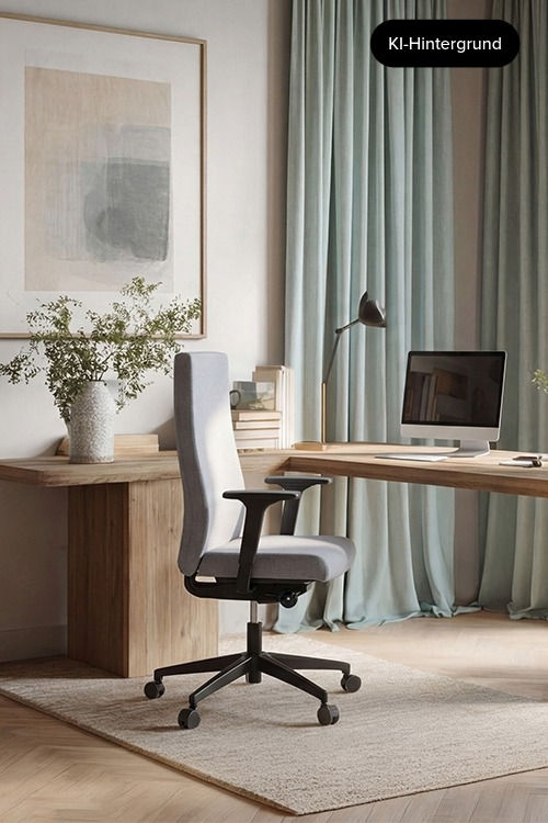 Miniaturbild: Der adjust evo cozy colour in grau steht an einem Holzschreibtisch in einem Homeoffice Büro mit mintfarbenen Vorhängen.
